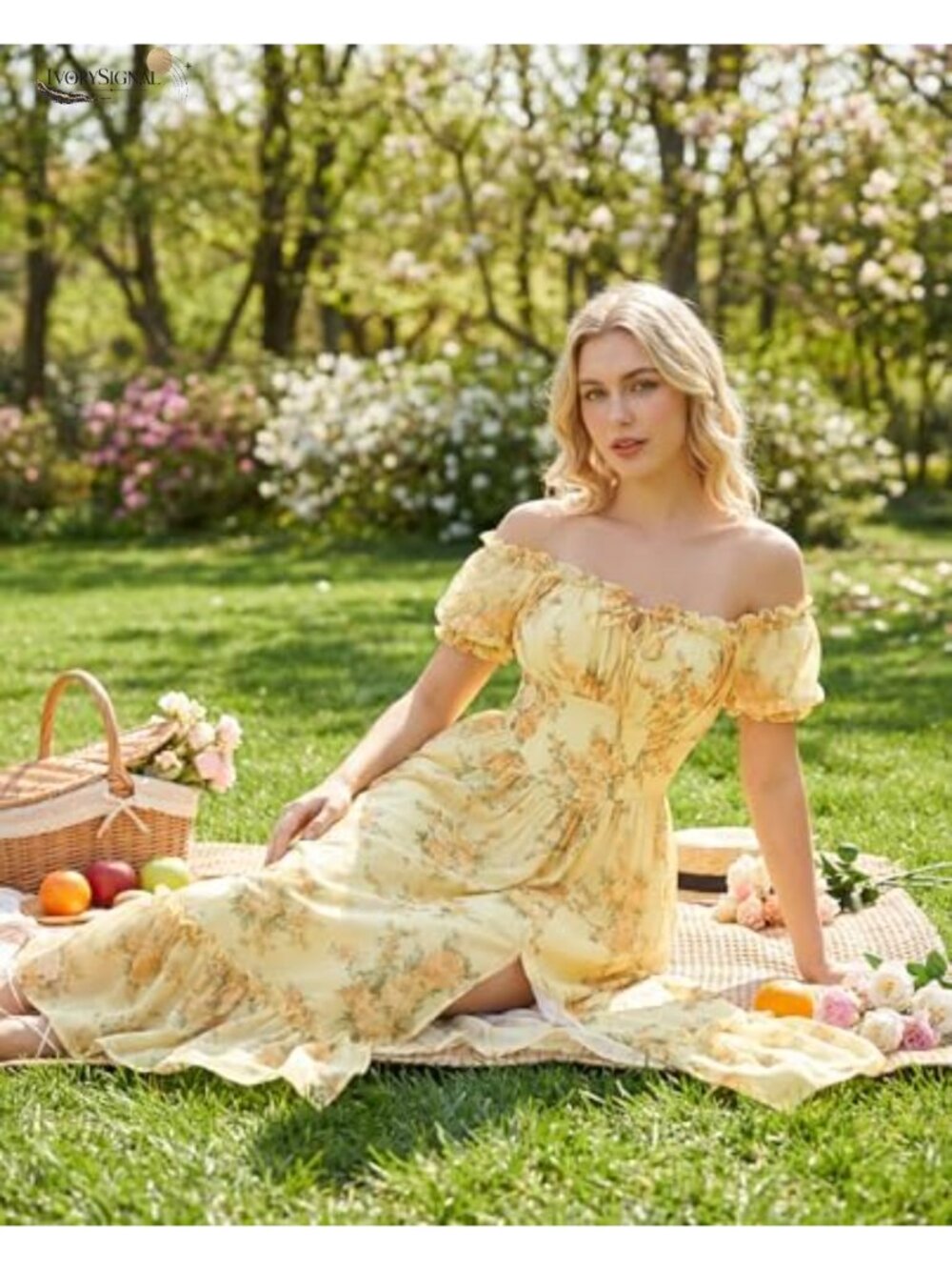 Floral Corset Midi Dress Puff Sleeve Off Shoulder A-Line Summer - Picture 2 of 6